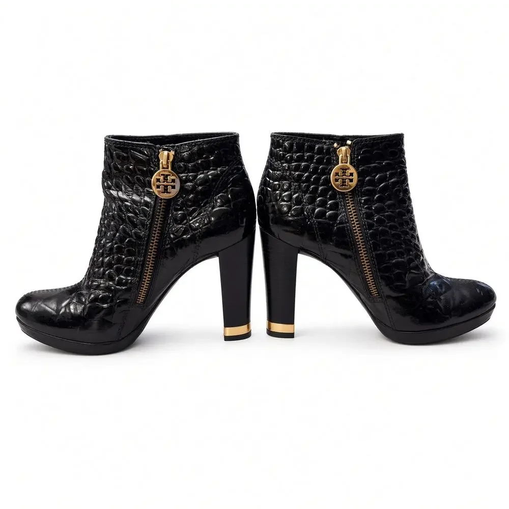 Tory Burch Black Croc Embossed Patent Platform Ankle Boots Size 6.5 Gold Logo